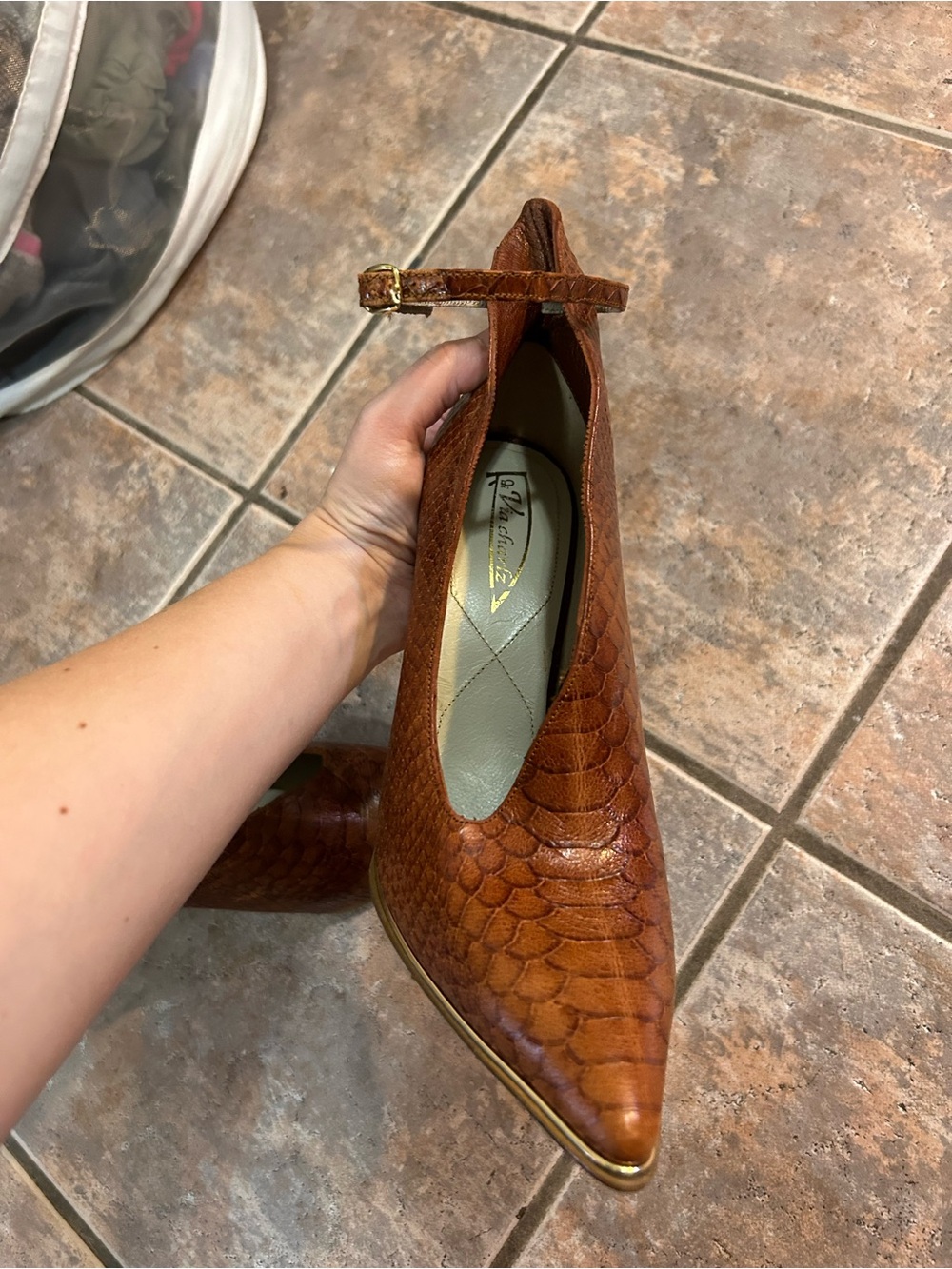 Brown Snakeskin-Textured Pointed Toe Heel with Ankle Strap